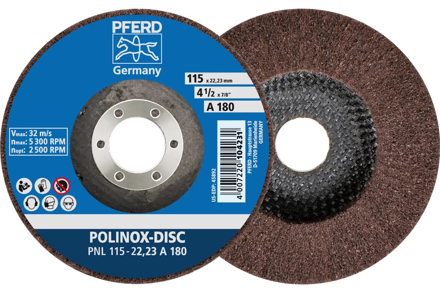 Picture of Pferd Polinox® Fibre-backing disc, 4-1/2" 3/4 x 7/8, Radial, 180 Grit, Aluminum oxide